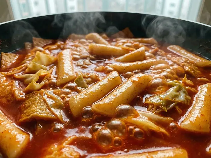 보글보글 끓는 소스에 떡이 익어가는 모습