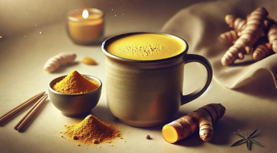 따뜻한 강황 라테가 세라믹 머그잔에 담긴 모