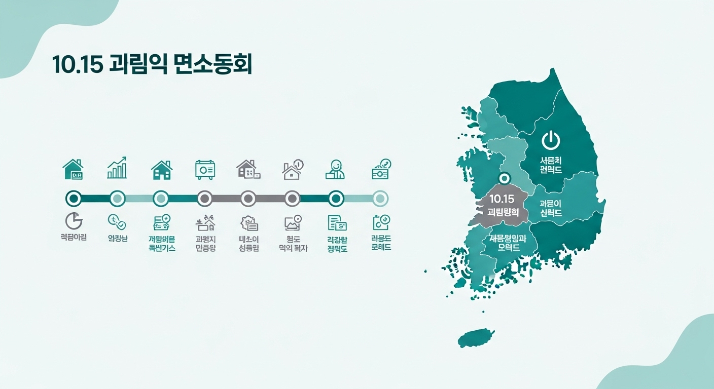 한국 부동산 규제 및 10.15 대책의 주요 내용을 보여주는 깔끔한 인포그래픽 타임라인