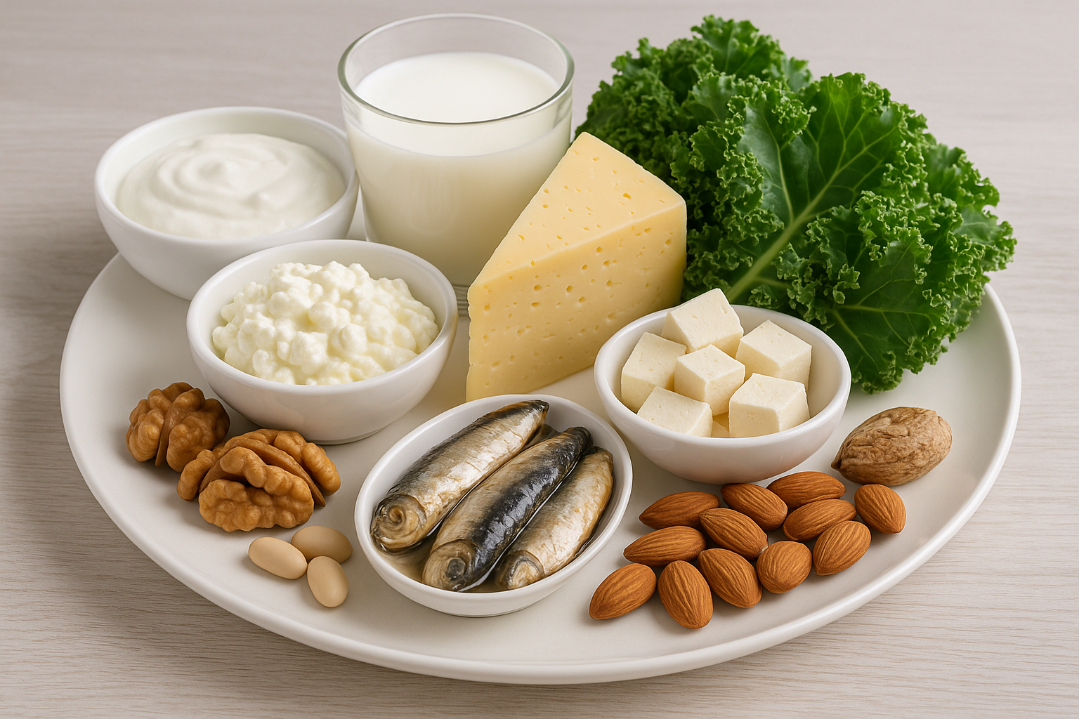 요거트와 치즈, 두부, 케일, 멸치, 견과류 등을 한 접시에 담아 놓은 칼슘·단백질 식품 실사
