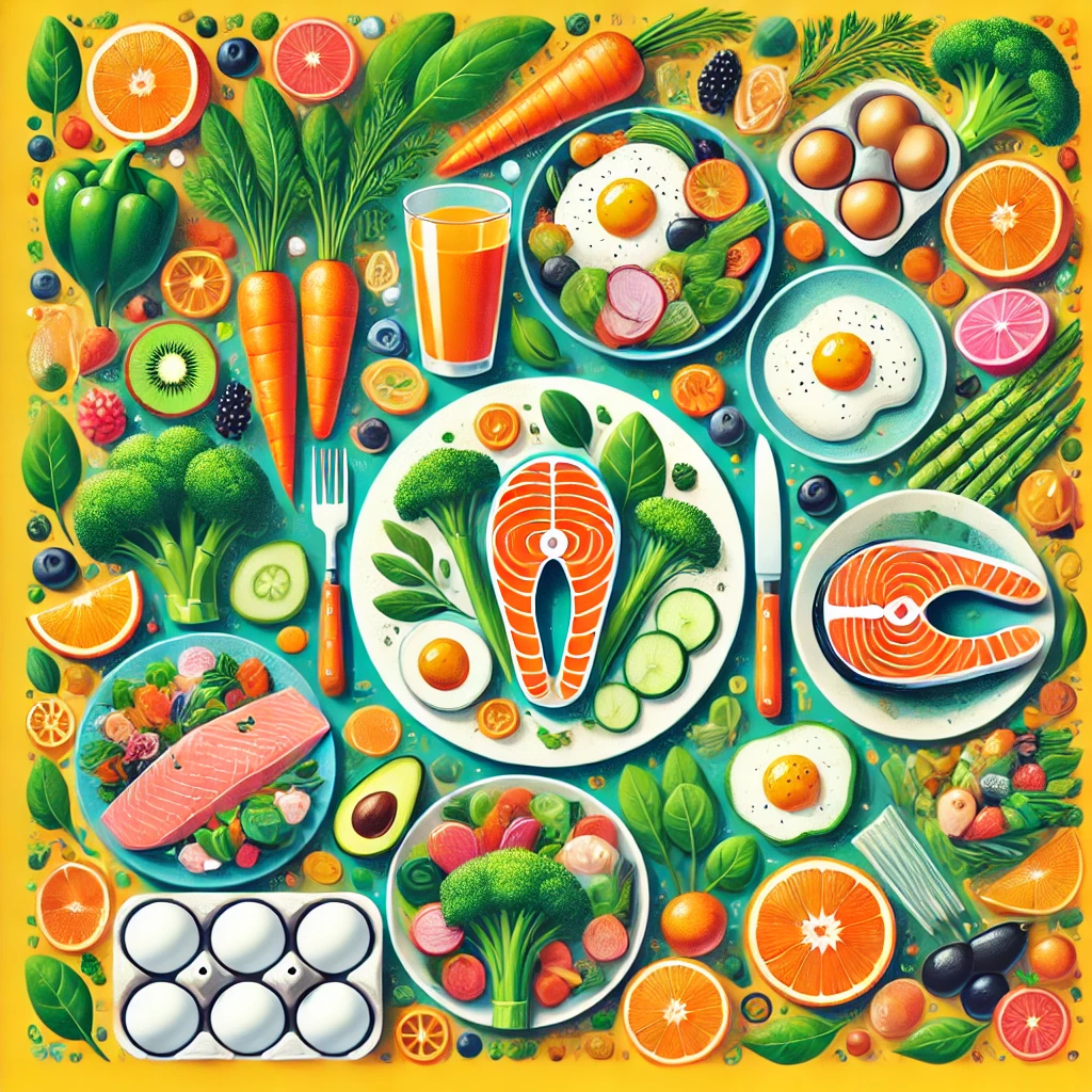 아이들의 필수영양소 재료들을 그린 일러스트