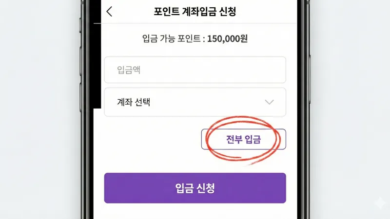 조회된 카드포인트 계좌입금 신청 버튼 및 전부 입금 선택 방법