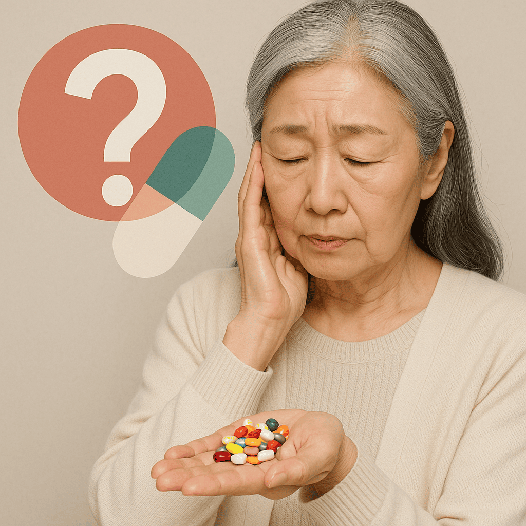 노인이-손바닥에-다양한-색깔의-알약을-담고-걱정스러운-표정으로-눈을-감고-있는-모습-배경에는-약-모양과-물음표-그래픽이-조합된-추상적-일러스트가-표현되어-노인의-과다-약물복용에-대한-고민을-상징적으로-표현함