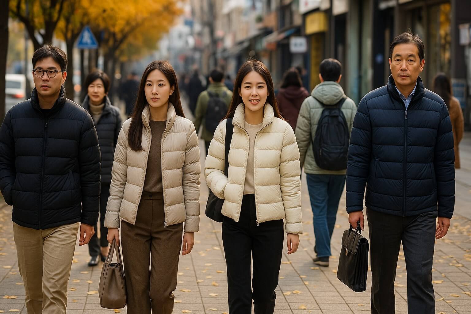도심 속 가을 거리에서 다양한 경량패딩을 입은 사람들
