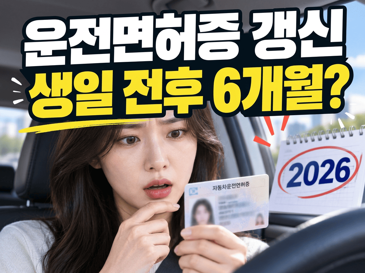 운전면허증과 달력을 중심으로 2026년 갱신기간이 생일 전후 6개월 기준이라는 핵심을 한눈에 보여 주는 대표 이미지