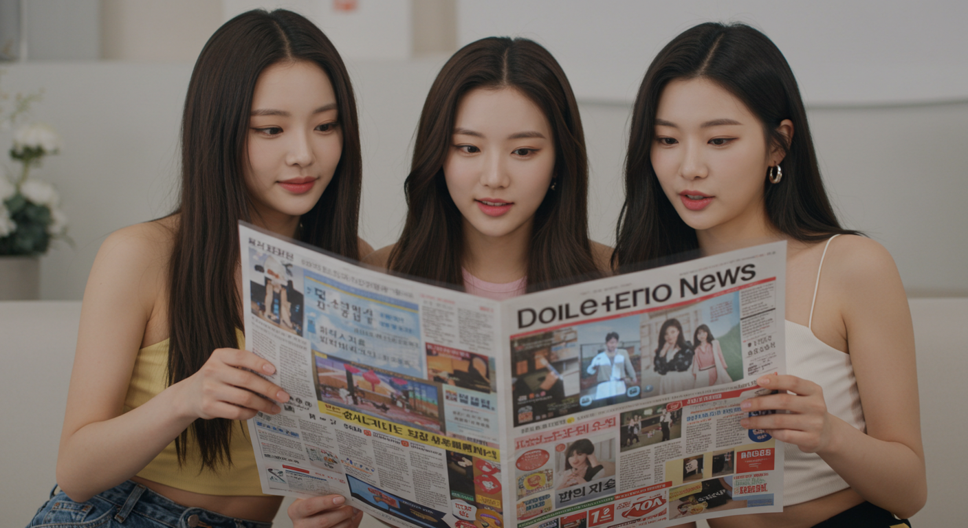 움직이는 신문을 보고있는 여성들