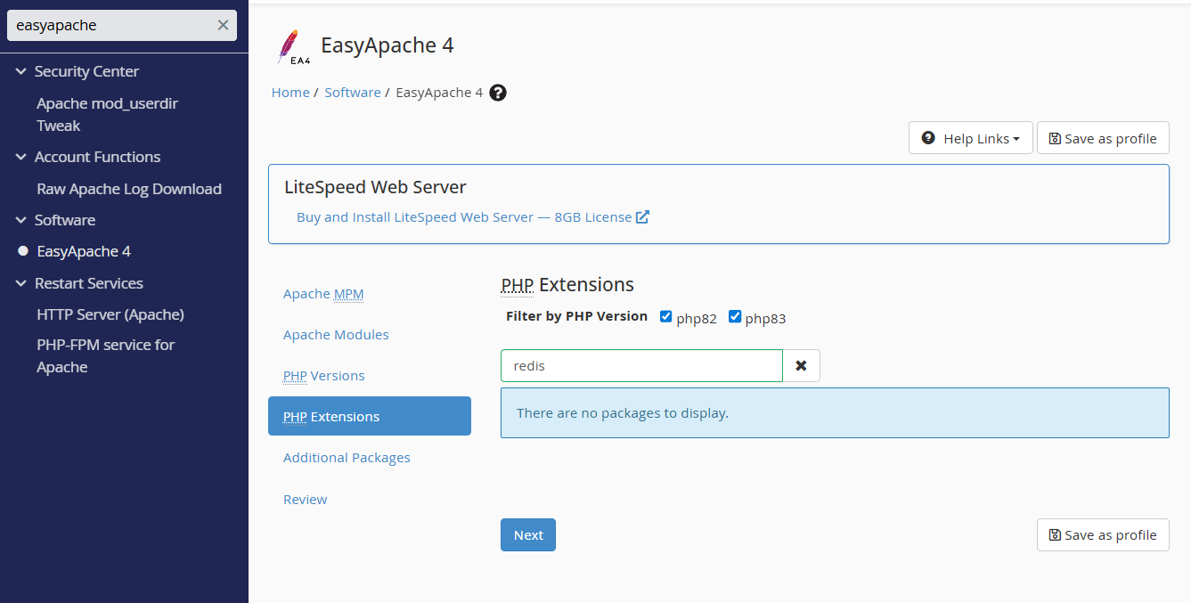 EasyApache 4 PHP Extensions 목록에서 Redis 관련 항목을 찾는 화면