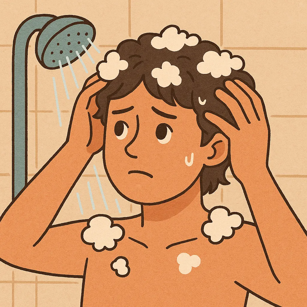 머리를-감으며-두피-건강을-고민하는-사람이-거품-가득한-머리를-마사지하는-장면을-표현한-일러스트