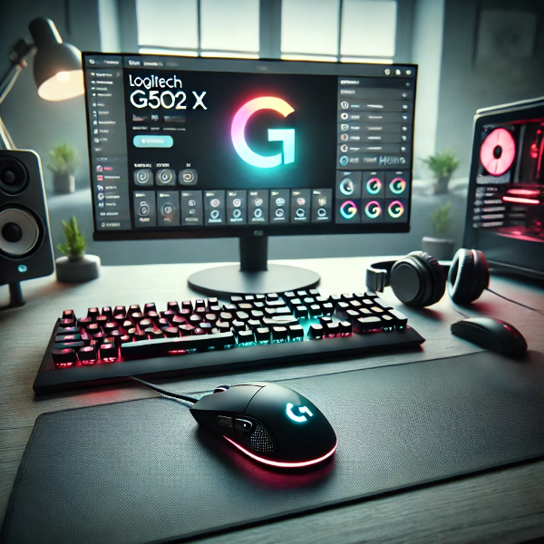 지텍 G502 X 마우스와 G915 키보드, 듀얼 모니터에 G HUB 소프트웨어가 켜진 모습
