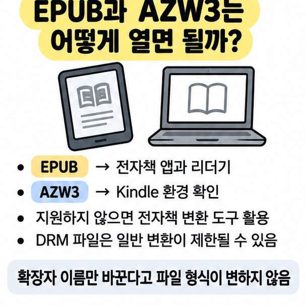 EPUB과 AZW3 파일을 전자책 앱과 Kindle 환경에서 여는 방법을 정리한 이미지