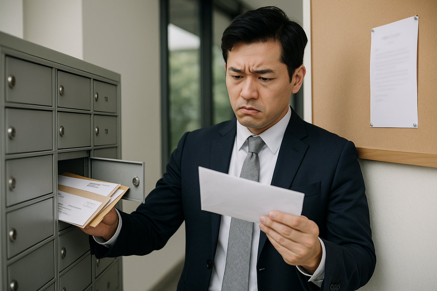 비상주사무실에서 등기 우편물을 확인하며 당황한 표정의 직장인 남성