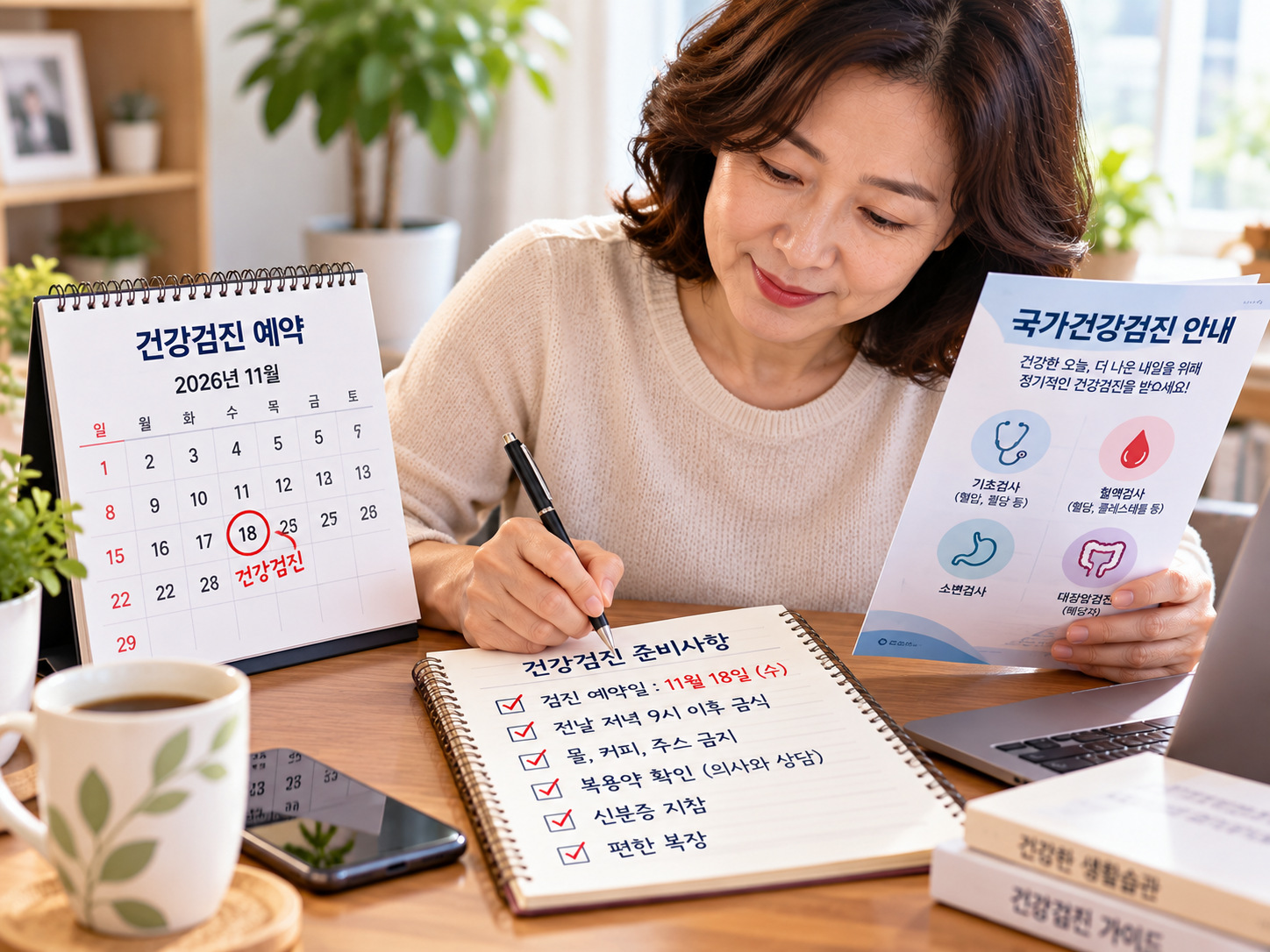 건강검진 예약일과 준비사항을 수첩에 적으며 확인하는 중년 여성