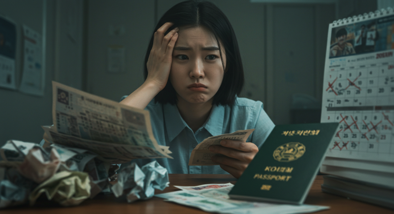 여행 후 해외 의료비 영수증을 보며 난감해하는 여성.