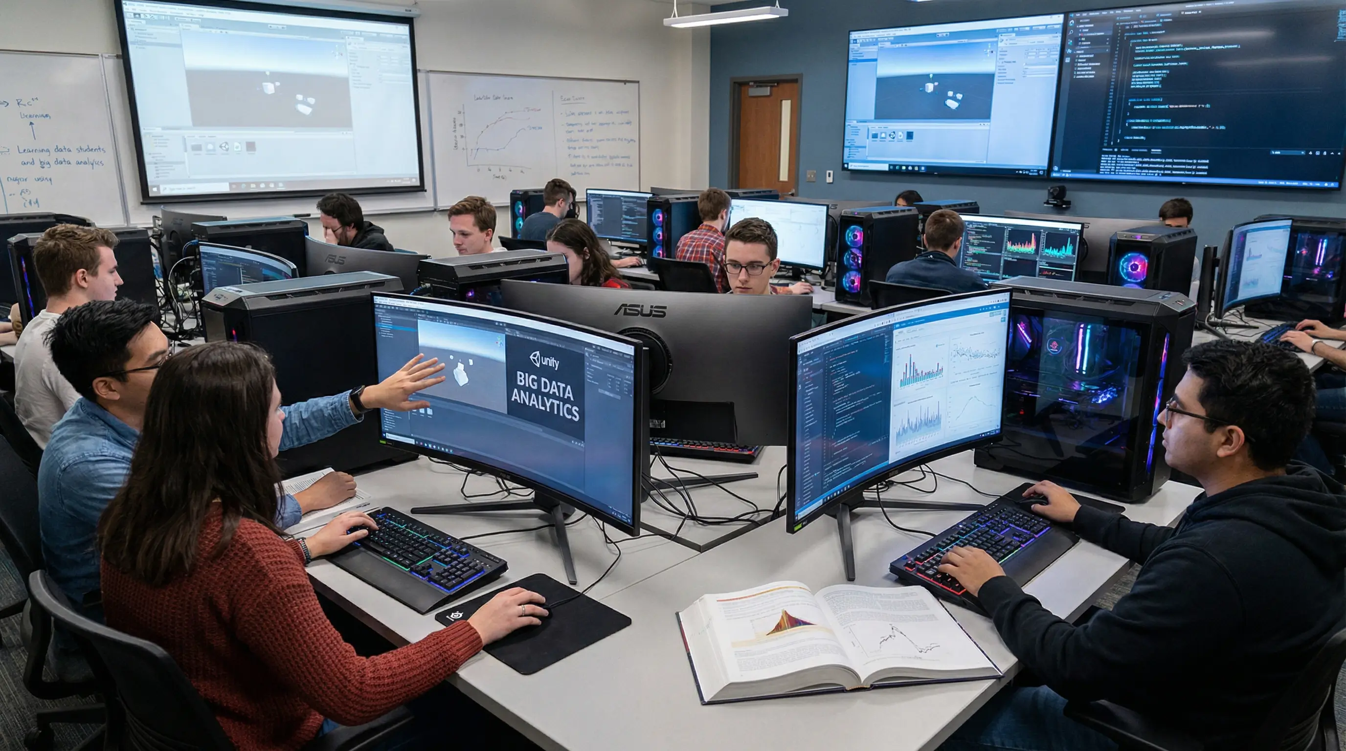 최첨단 컴퓨터 장비로 유니티 게임 엔진과 빅데이터 분석을 배우고 있는 수강생들의 열정적인 모습