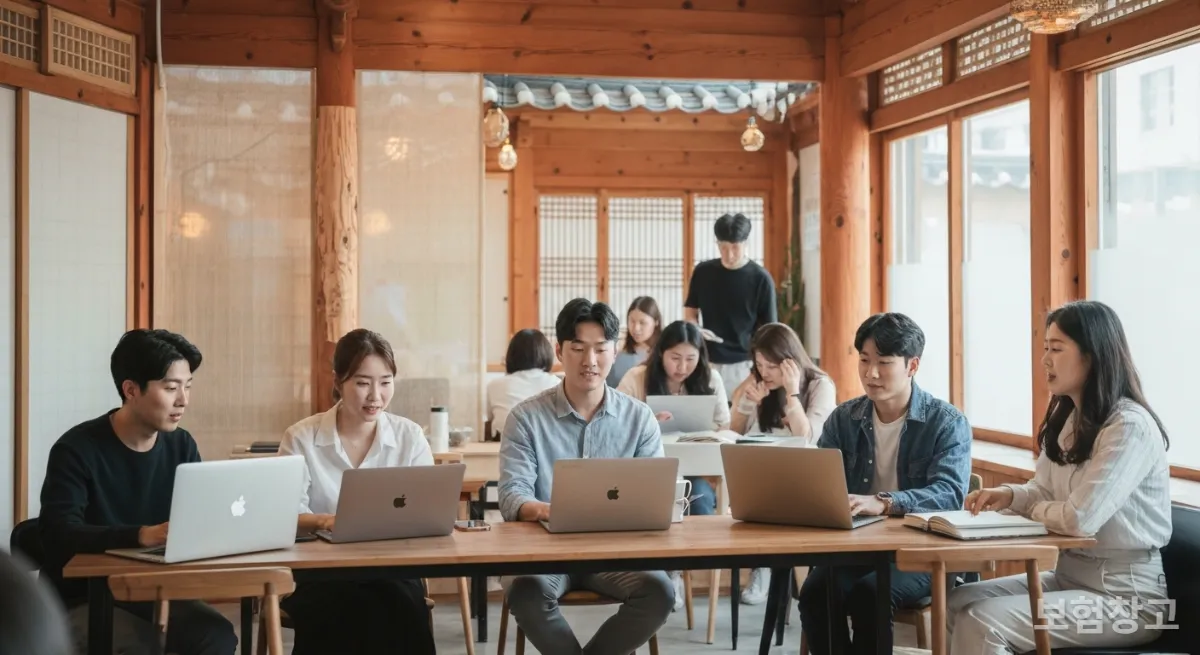 서울 코워킹 스페이스에서 회의하는 한국인 디지털 노마드들