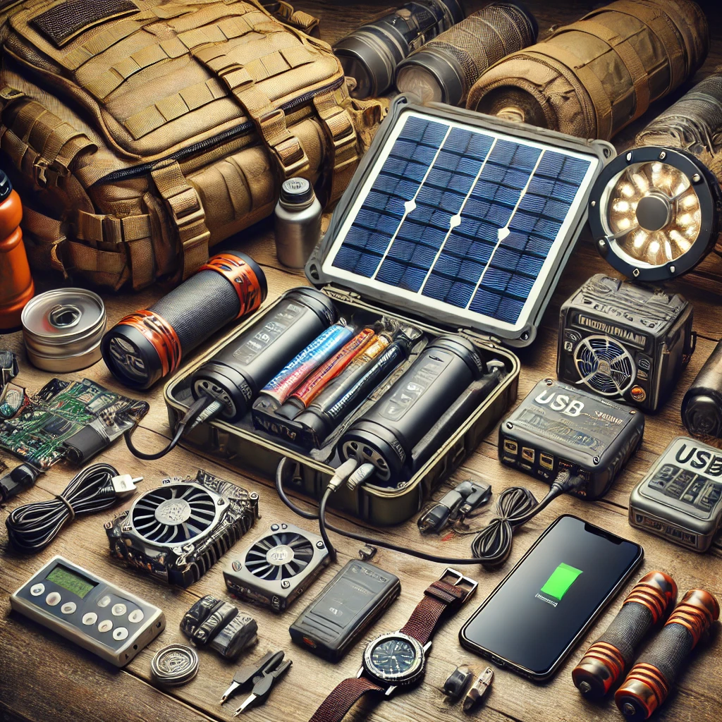 20L 배낭 옆에 정리된 이동형 생존 전력 키트 – 보조배터리, 태양광 패널, 랜턴, 선풍기 등 1박 2일 생존용 구성품들