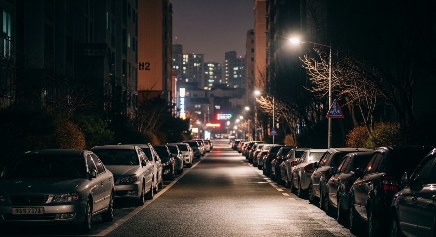 도심 아파트가 보이는 야간 도로 주차 차량 행렬