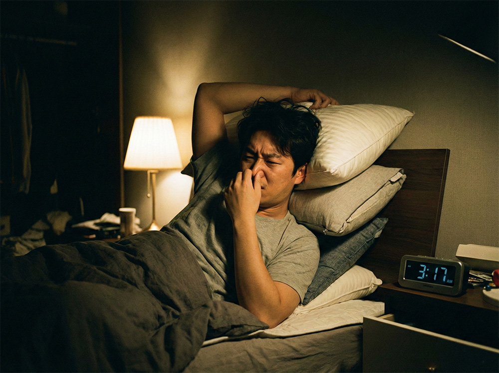 밤에 코막힘, 눕기만 하면 코막힘, 코막힘 뚫는 자세, 비염 수면 장애, 혈류 영향.