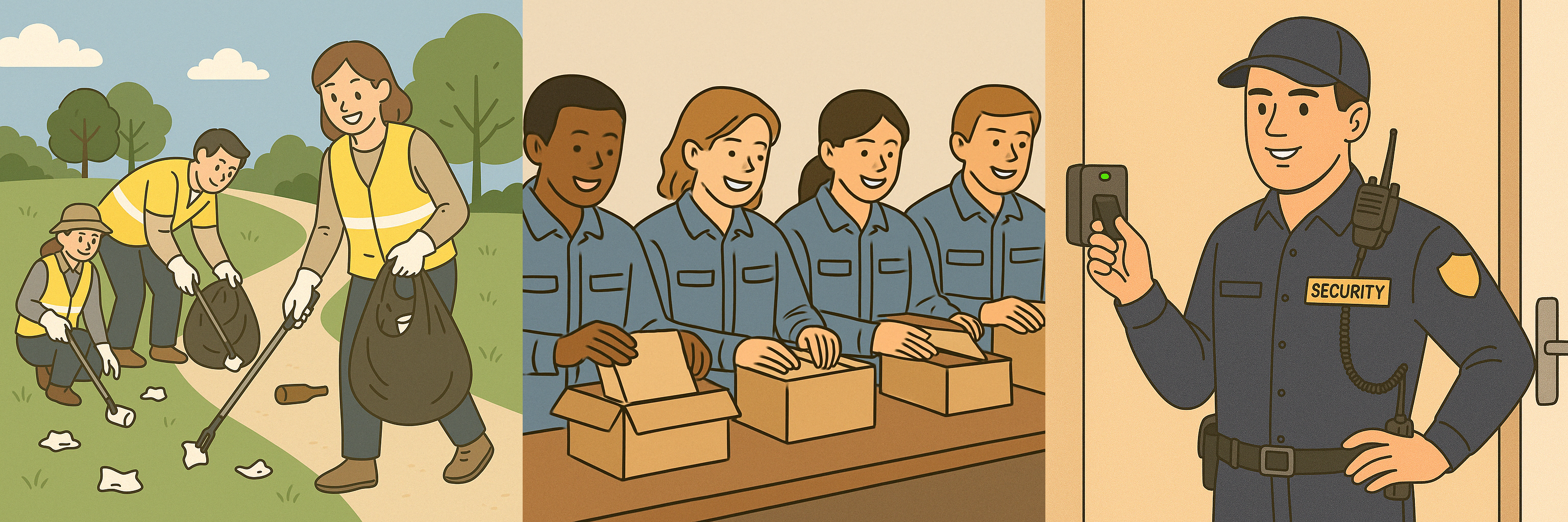 벡터 일러스트 세 패널이 가로로 이어져 있습니다. 왼쪽 패널에는 노란 안전조끼를 입은 사람들이 공원 길가에서 쓰레기를 집고 봉투에 담으며 환경 정비를 하는 모습이 그려져 있고, 가운데 패널에는 블루 계열 작업복을 입은 남녀 근로자들이 컨베이어 벨트 위에서 상자를 조립·포장하는 생산직 현장이 표현되어 있습니다. 오른쪽 패널에는 경비원 복장의 남성이 출입 카드 리더기에 카드를 대고 보안을 확인하는 경비직 업무 장면이 묘사되어 있습니다.
