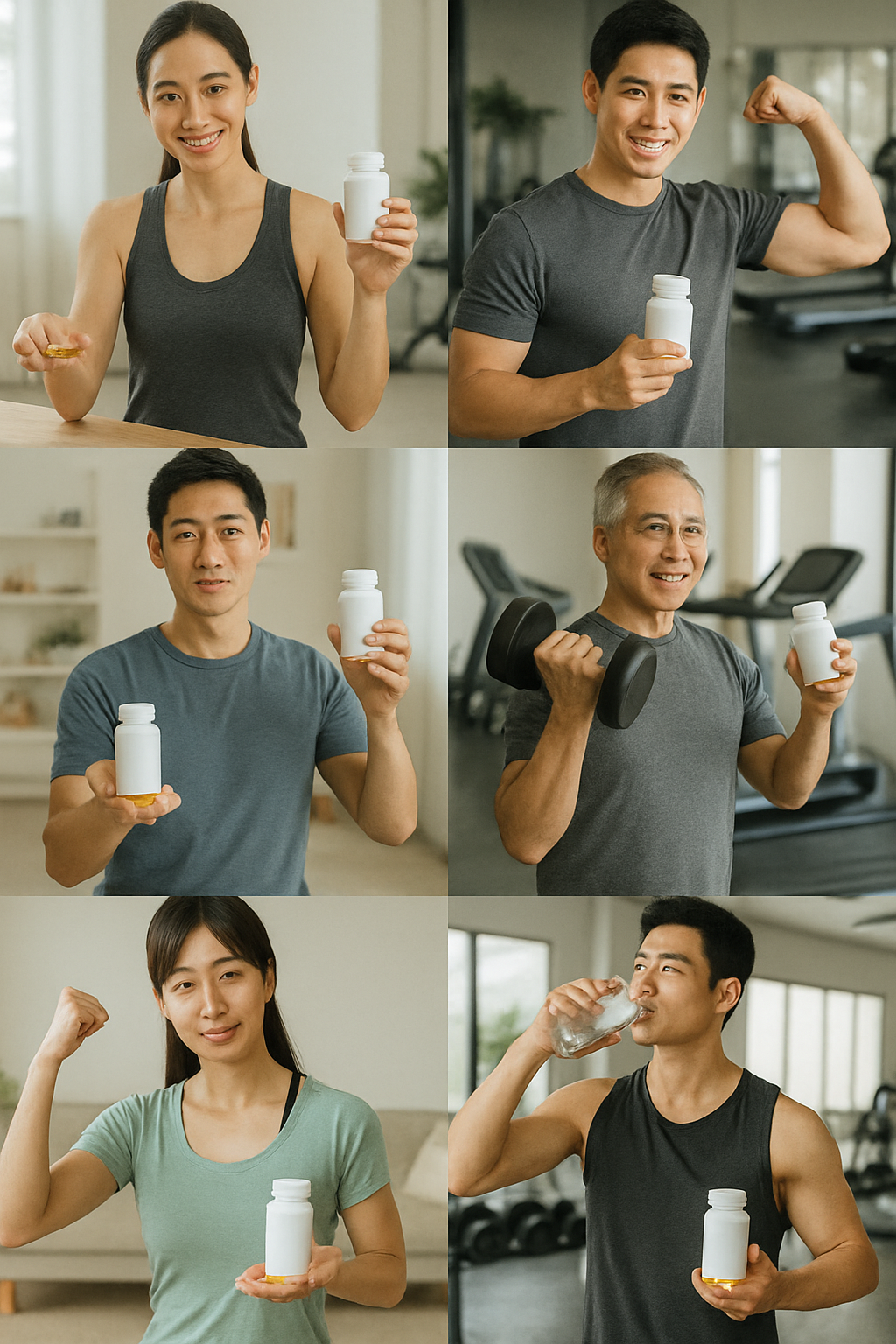 운동과 함께 건강보조제 복용하는 사진