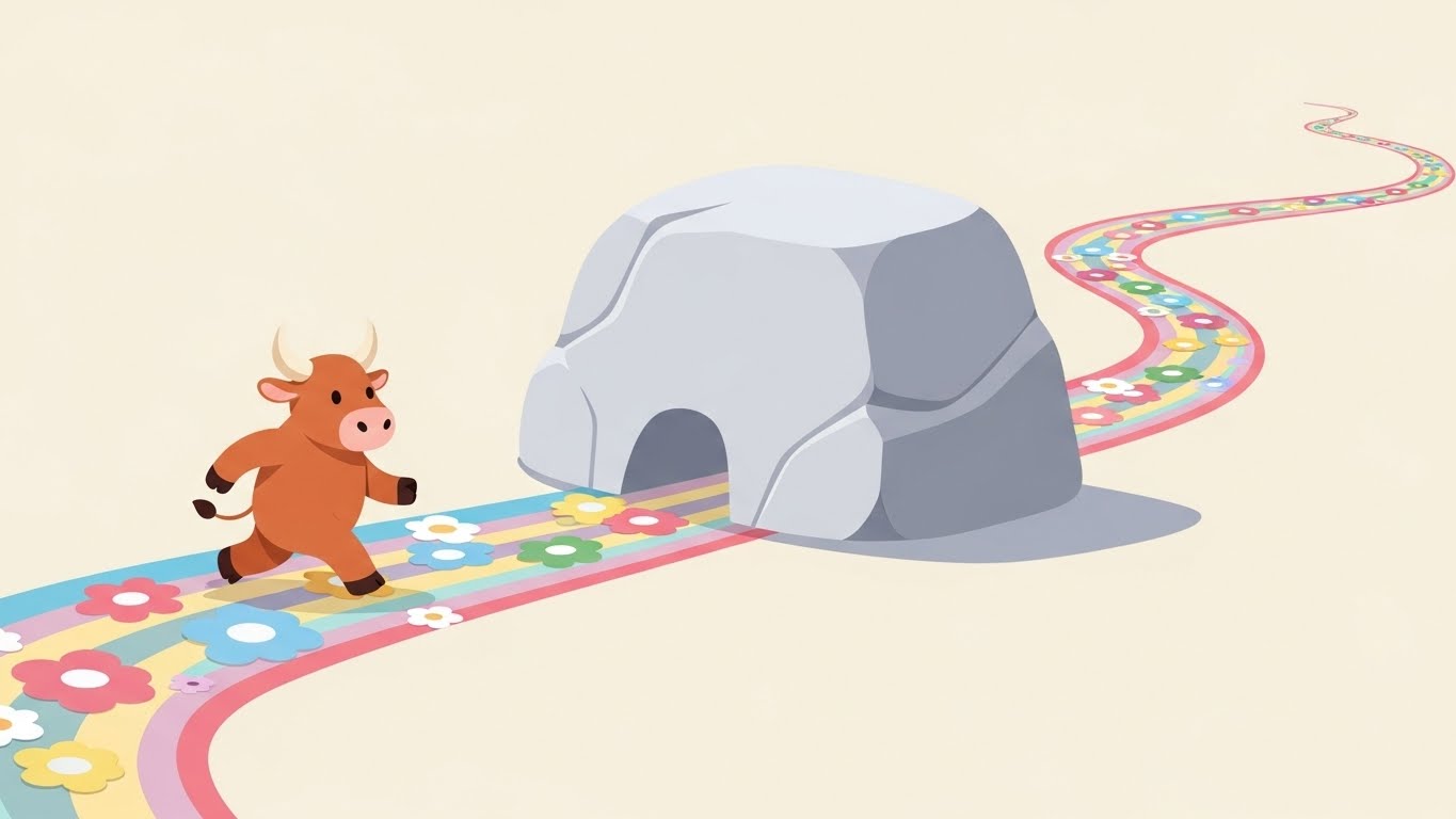 장애물 앞에서 고집을 부리기보다 부드러운 우회 전략으로 행운의 길을 찾는 소띠의 유연한 모습