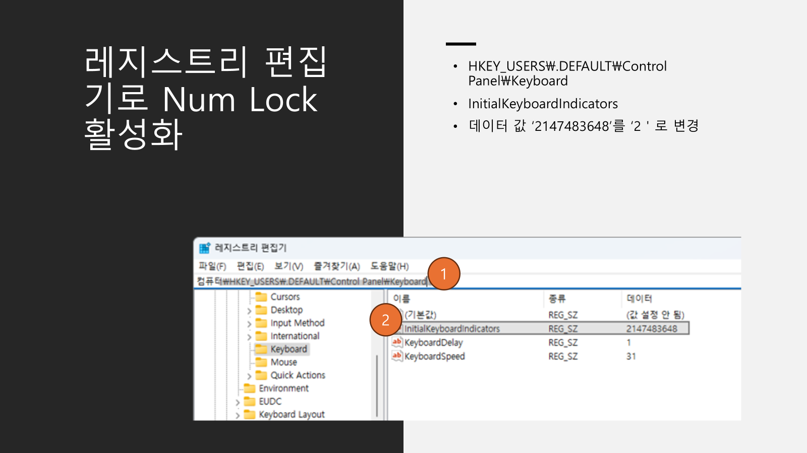 넘버락 고정 레지스트리 편집 하기