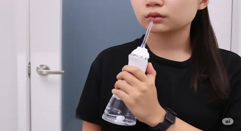 워터픽(구강세정기)을 사용하여 치아와 잇몸을 시원하게 세정하는 모습