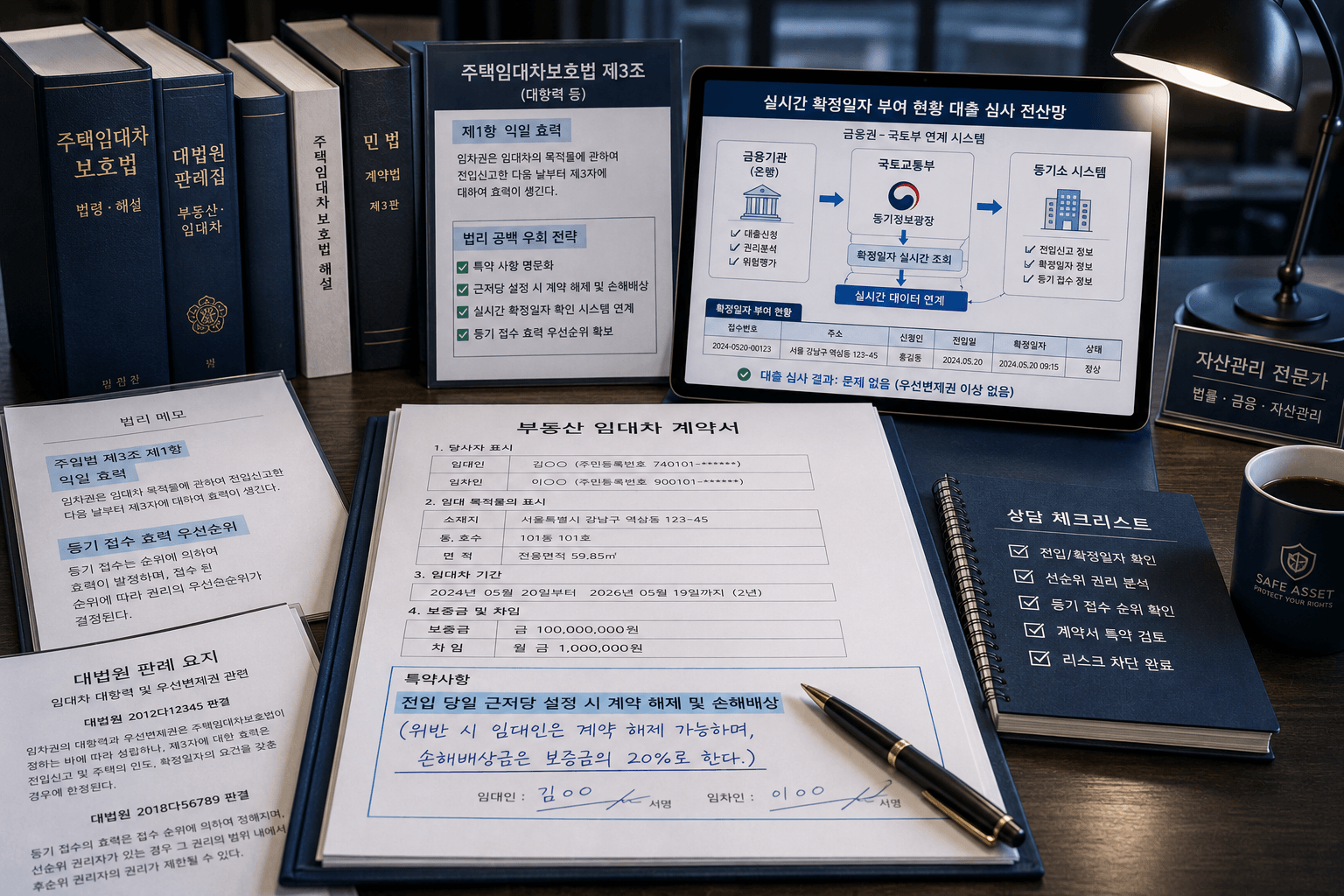시중은행 대출 연계 전산 조회 화면과 임대차 계약서 특약 조항, 그리고 대법원 판례집이 정밀하게 대조되고 있는 자산관리 전문가의 상담 데스크모습