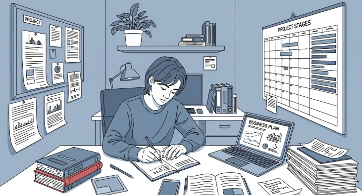 사업 계획서를 신중하게 작성하는 사업가, 사업 성공의 기회를 잡기 위한 준비.