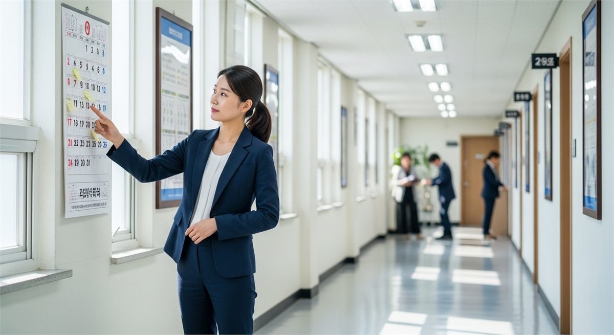 공공기관 사무실에서 달력을 확인하는 한국인 공무원