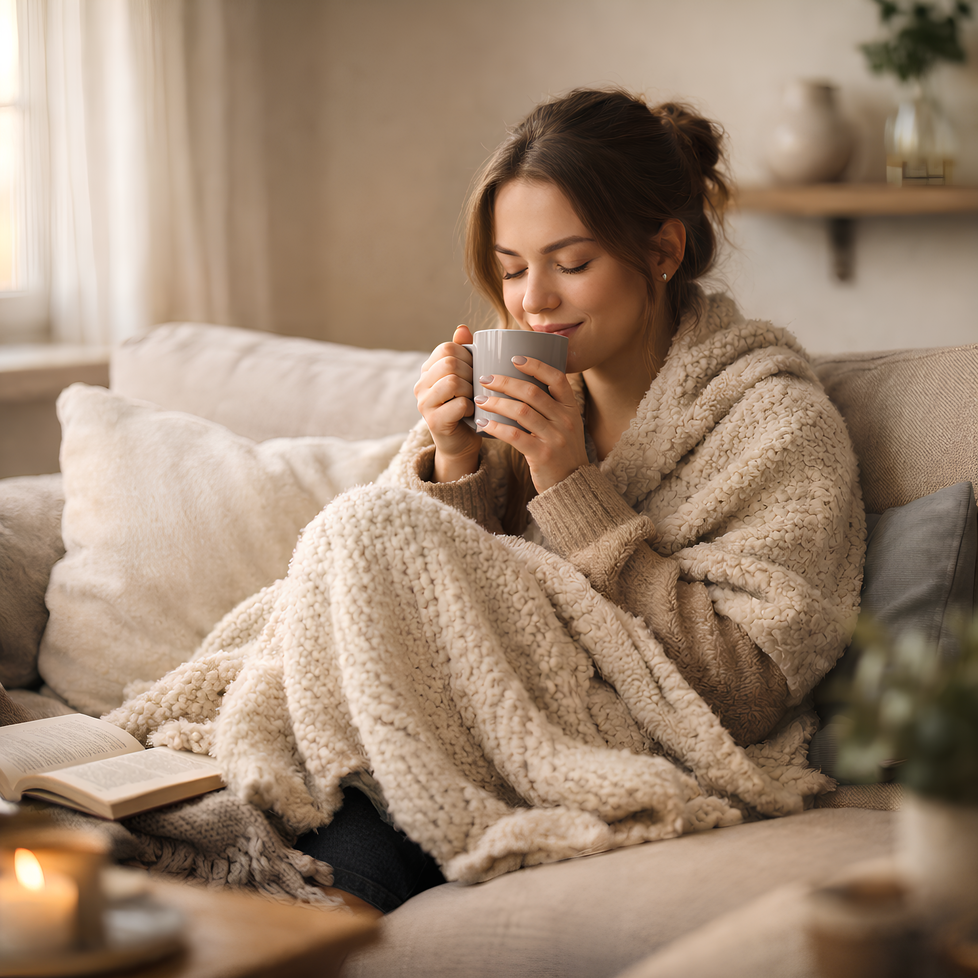 쇼파에 앉아 담요를 두르고 커피를 마시는 여성