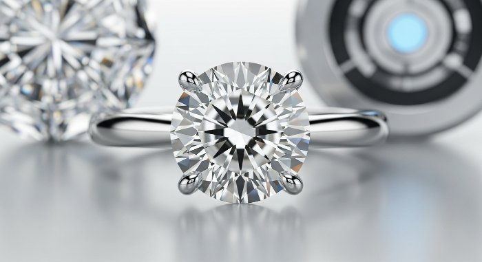 빛나는 1캐럿 랩 다이아몬드 반지가 클로즈업된 이미지. 현대적이고 우아한 디자인이 돋보이며, 다이아몬드의 뛰어난 광채와 선명도가 부각됩니다.