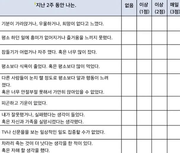 유재석씨가 받은 우울증 자가진단 질문지입니다.
