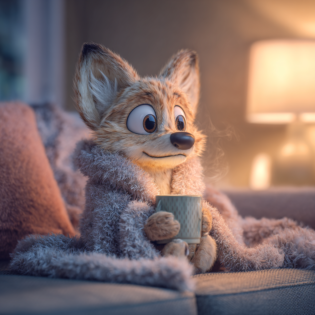 따뜻한 물을 마시며 앉아있는 강아지, 픽사스타일 일러스트