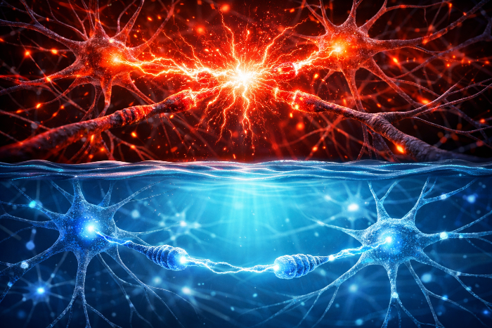 도파민 수용체의 과부하 상태가 디톡스를 통해 안정되는 과정을 시각화한 뇌과학 일러스트