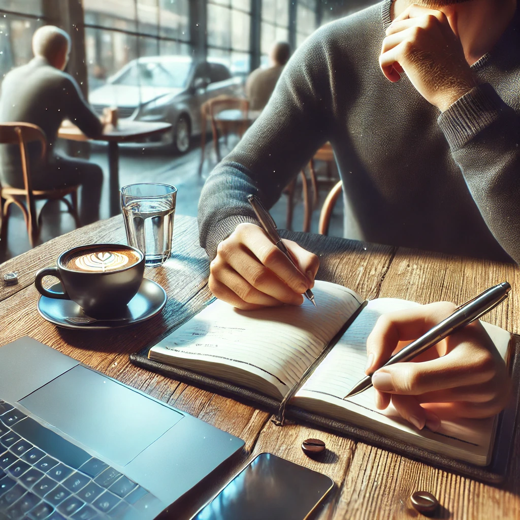 커피숍에서 노트에 계획을 세우는 사람