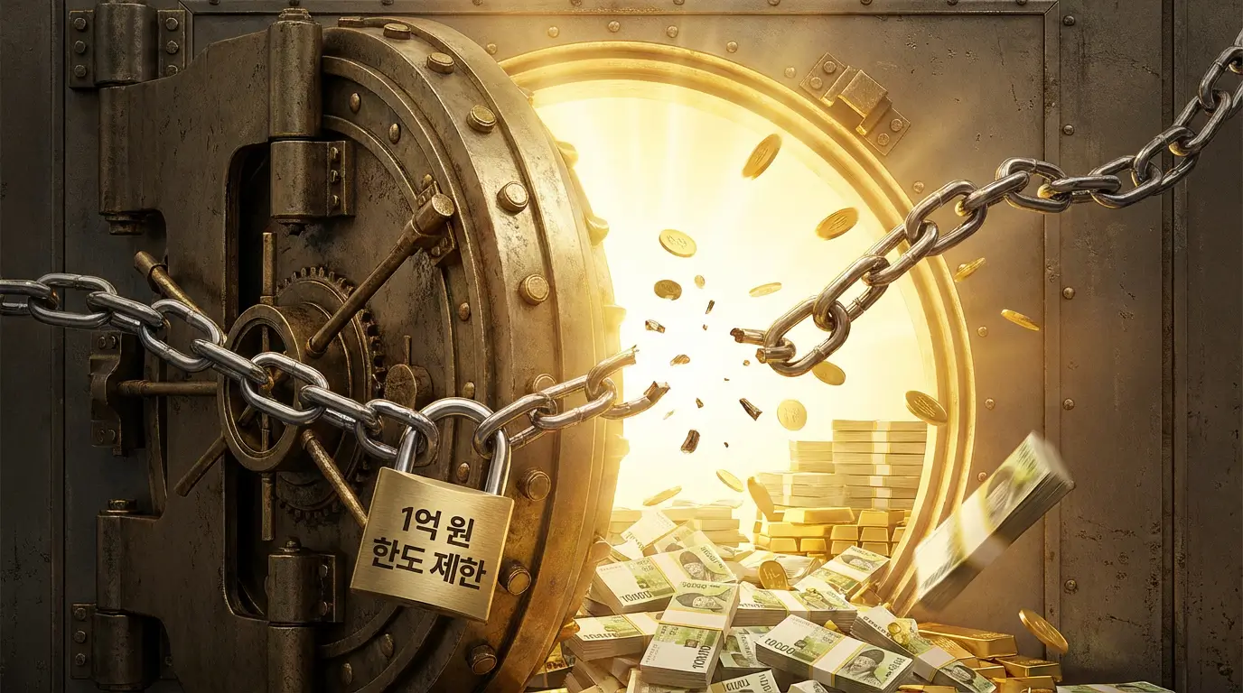 꽉 잠겨있던 자금의 문이 열리고 1억 원 한도 제한이 사라지는 것을 상징하는 금고 이미지