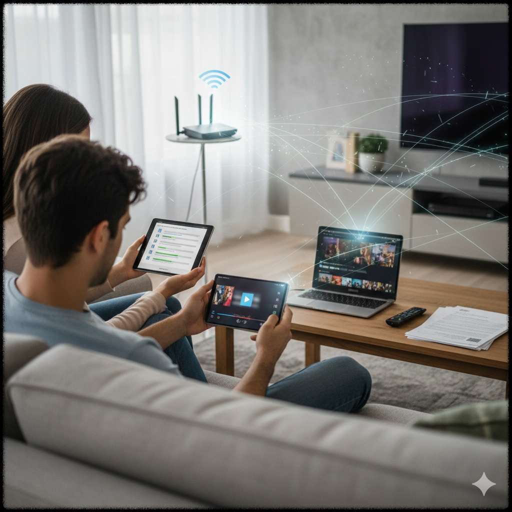 여러 스마트 기기가 동시에 인터넷을 사용해 속도가 느려진 상황