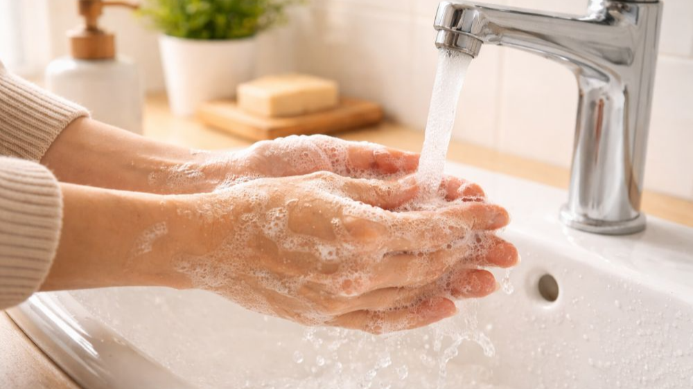 따뜻한 톤의 세면대에서 비누 거품으로 손을 씻으며 물이 흐르는 손 클로즈업