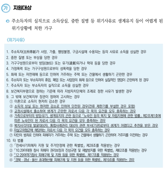 긴급복지 생계지원금 지원 대상 위기 사유