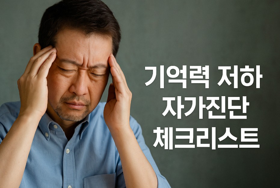 중년 남성이 손으로 이마를 짚으며 기억력 저하에 대해 걱정하는 듯한 모습이 담겨 있다. 배경에는 &quot;기억력 저하 자가진단 체크리스트&quot;라는 문구가 명확히 삽입되어 있어 주제를 강조하고 있다. 전체적인 색감은 차분하고 부드러워 기억력 문제에 대한 인식을 자연스럽게 전달하는 효과를 준다.