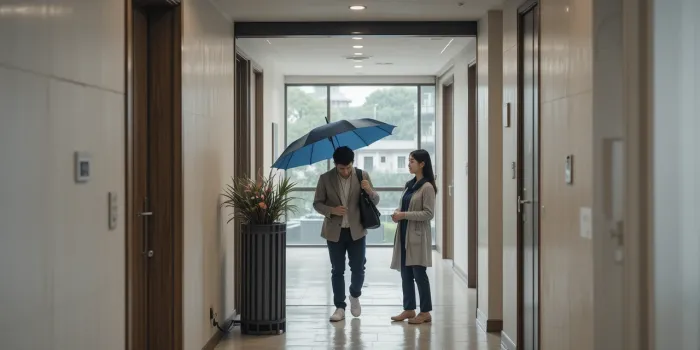 비 오는 날 젖은 우산을 우산꽂이에 정리하는 실내 현관 풍경