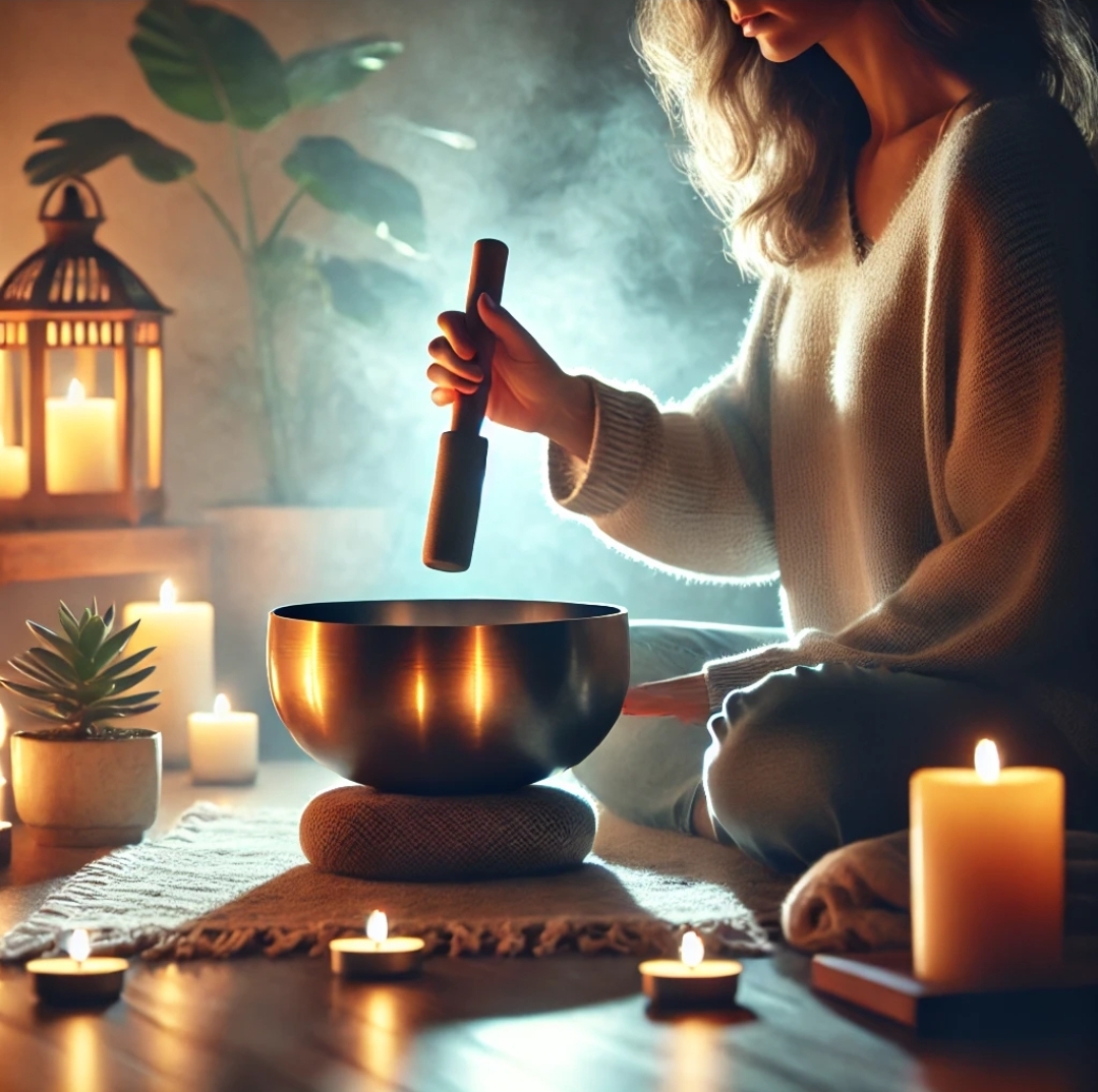 조용한 명상 공간에서 싱잉볼을 사용하는 모습
