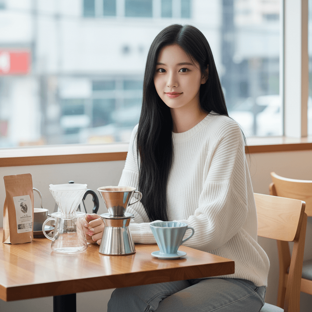 드리퍼 3종류와 함께 테이블에 않아있는 여자