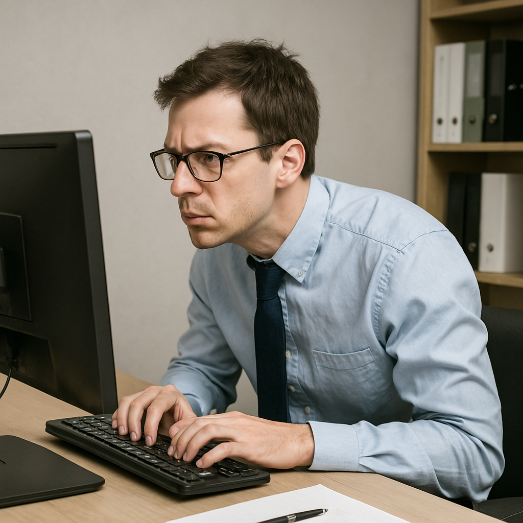 컴퓨터로 일을 하고 있는 거북목의 직장인