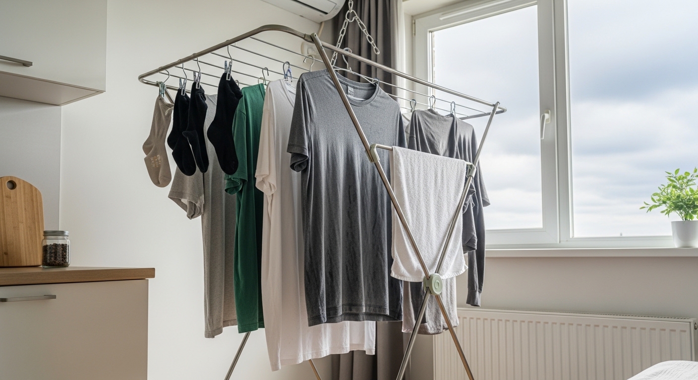 실내 건조대에 널어둔 빨래가 잘 마르지 않는 모습