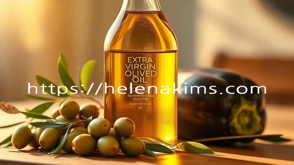투명한 유리병 속 황금빛 엑스트라 버진 올리브 오일. 옆에는 싱싱한 초록색 올리브 열매와 가지가 조화롭게 놓여 있는 모습.