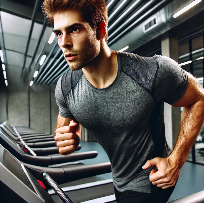 런닝머신을 열심히 달리고 있는 남성