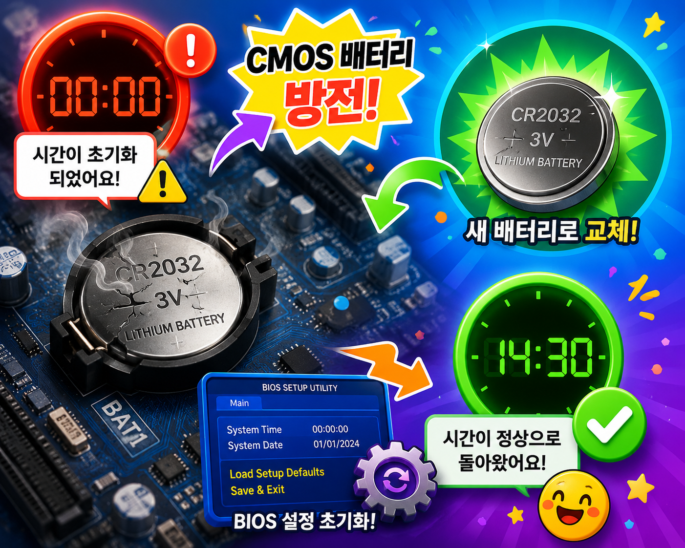 CMOS 배터리 방전 시간 초기화 해결방법 총정리 바이오스 설정 초기화 원인