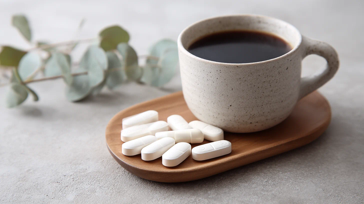 커피 컵과 진통제가 함께 놓여 있는 장면